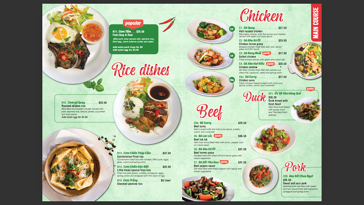 Menu, Little Hanoi Restaurant