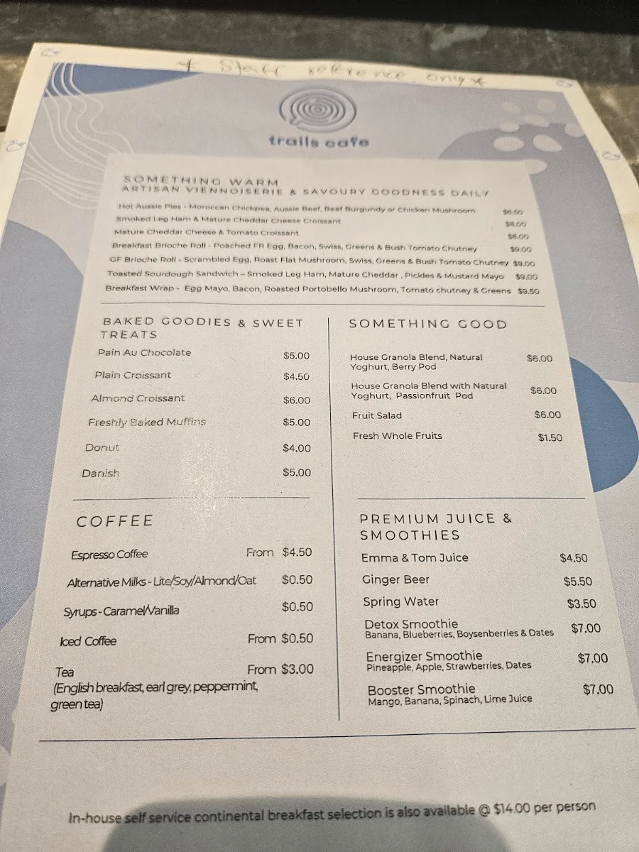 Menu, Trails Cafe at YHA Sydney Harbour