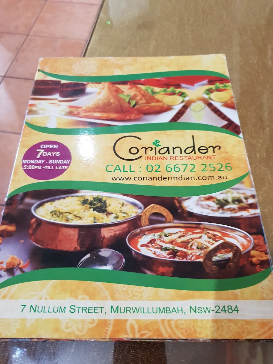 Menu, Coriander Indian Restaurant