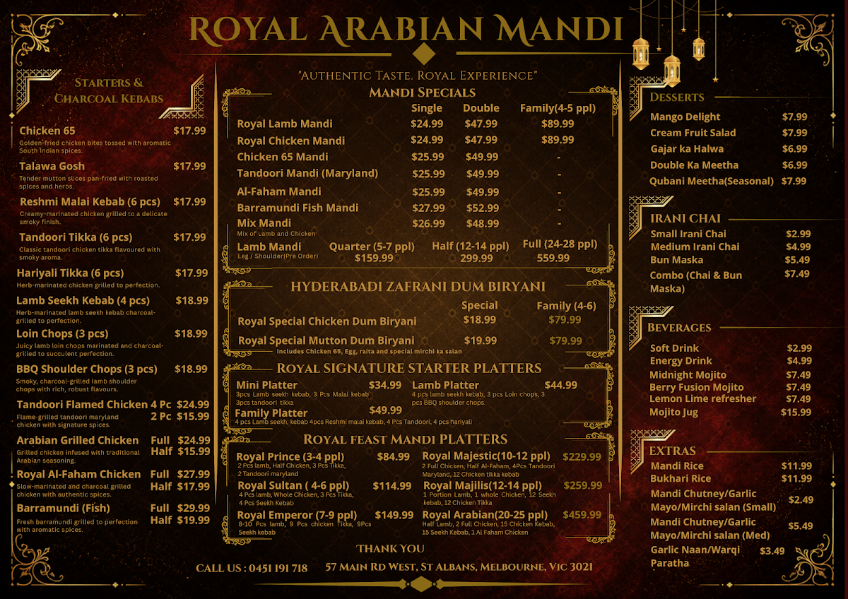 Menu, Royal Arabian Mandi Restaurant