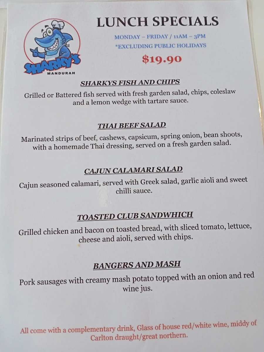 Menu, Sharky's Fish & Chips