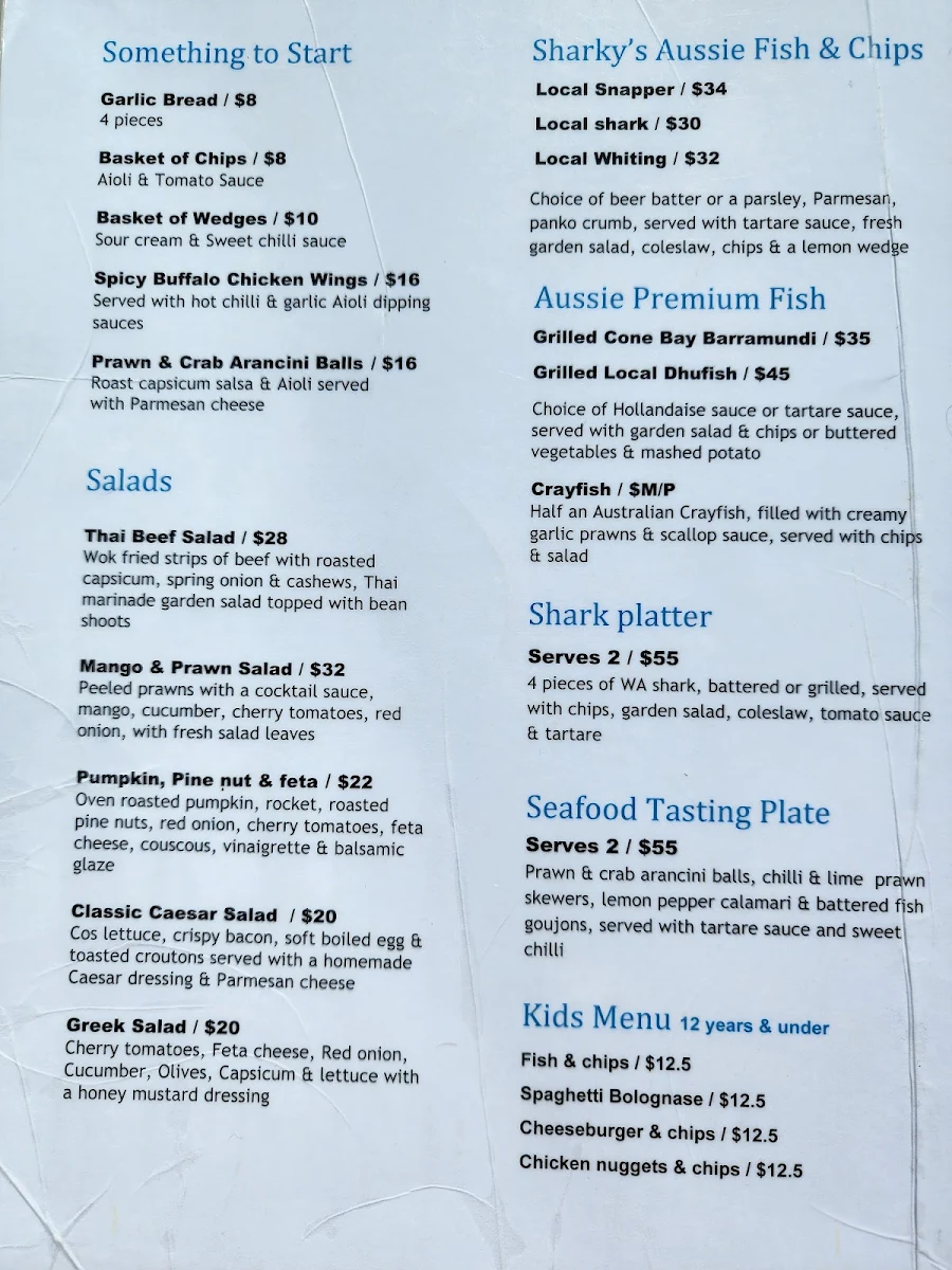 Menu, Sharky's Fish & Chips
