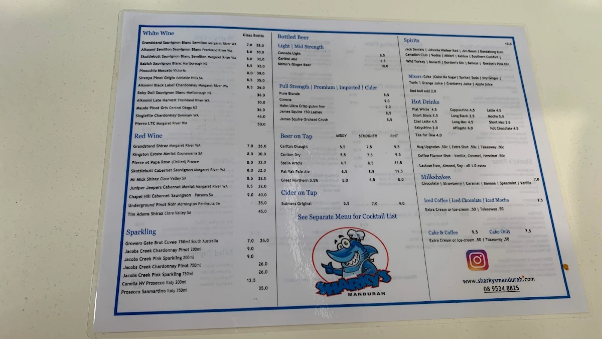 Menu, Sharky's Fish & Chips