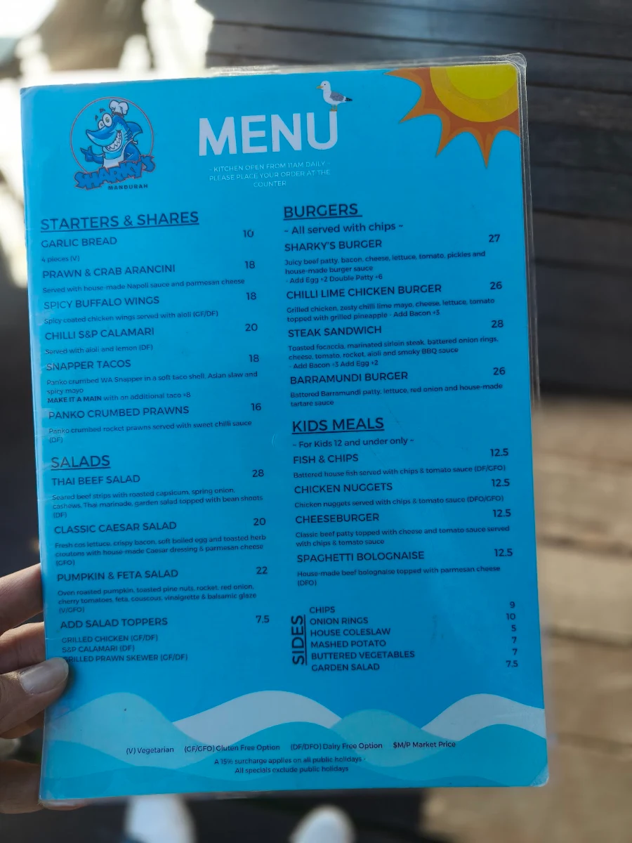 Menu, Sharky's Fish & Chips