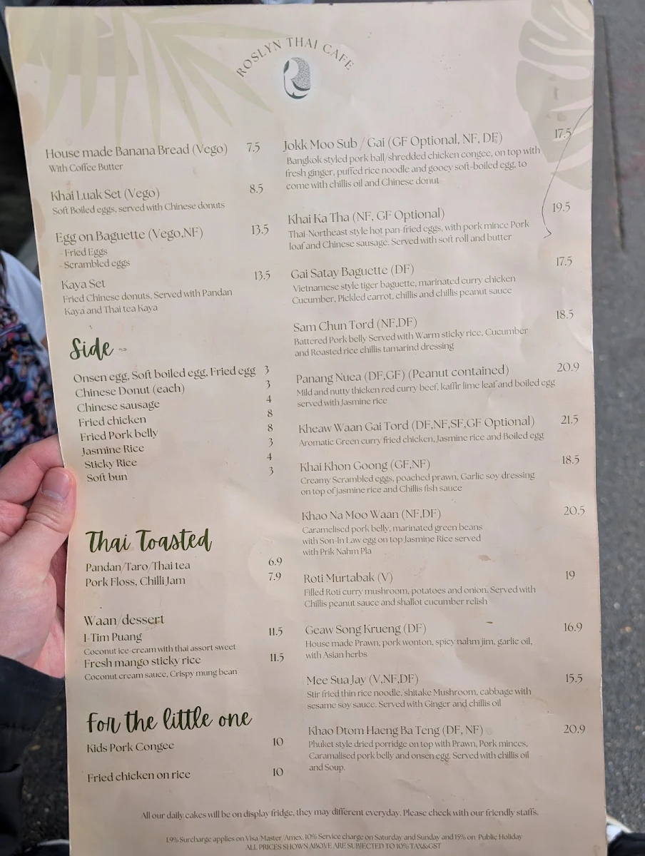Menu, Roslyn Thai Cafe