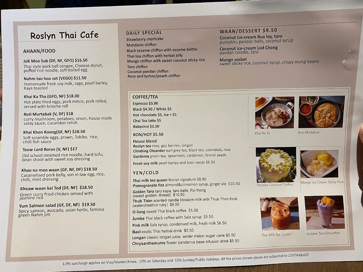 Menu, Roslyn Thai Cafe