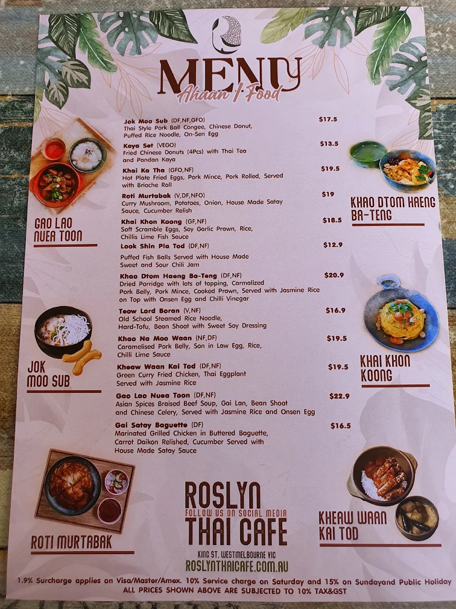 Menu, Roslyn Thai Cafe