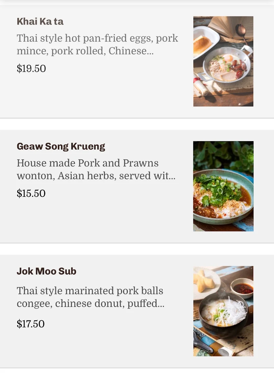 Menu, Roslyn Thai Cafe