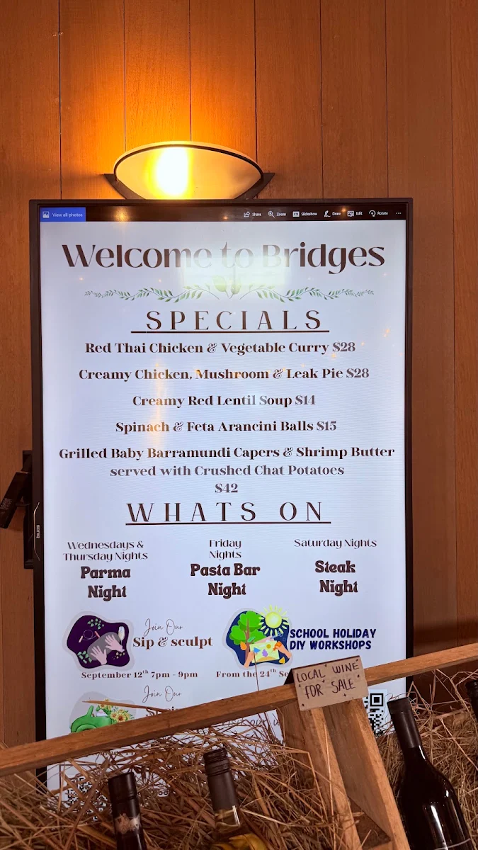 Menu, Bridges Restaurant, Bar and Function Centre