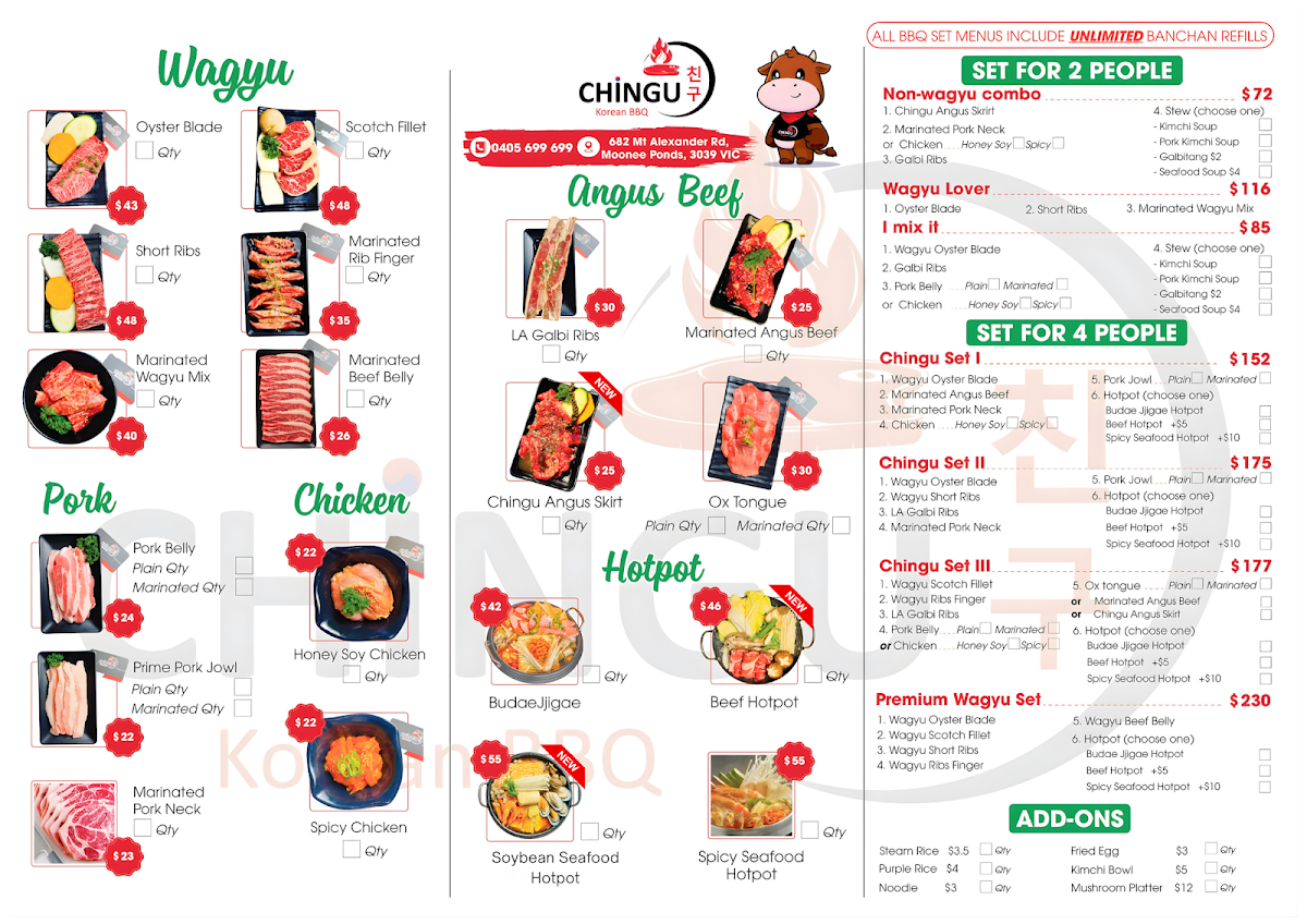 Menu, Chingu Korean BBQ Moonee Ponds