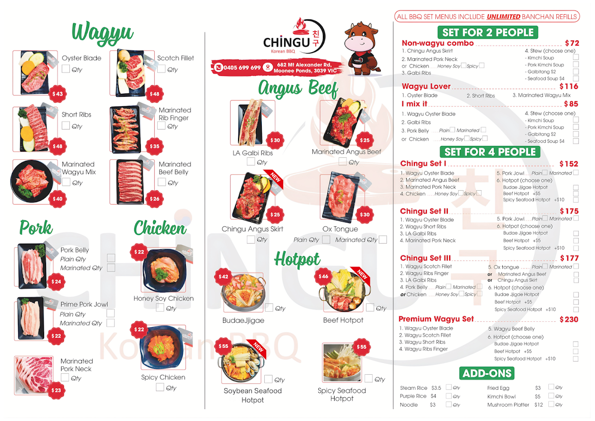 Menu, Chingu Korean BBQ Moonee Ponds