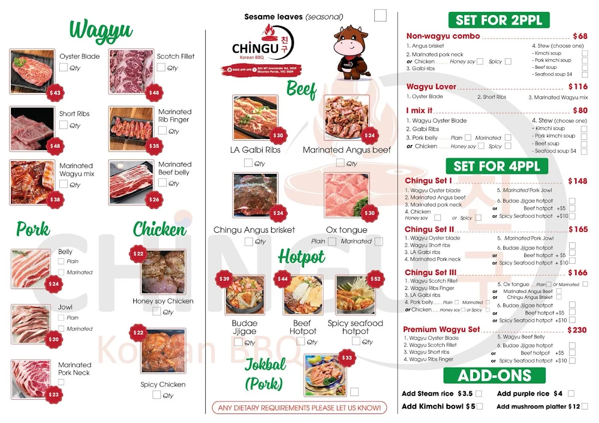 Menu, Chingu Korean BBQ Moonee Ponds
