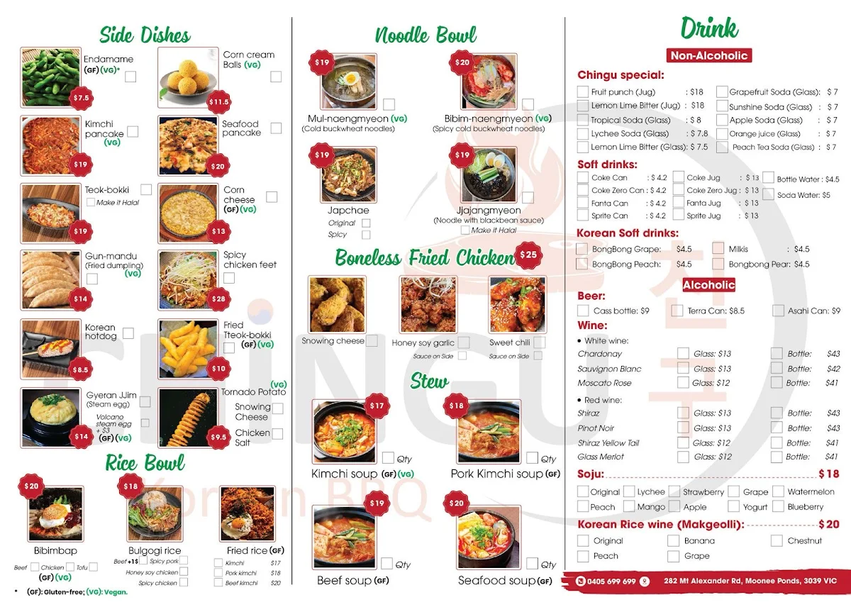 Menu, Chingu Korean BBQ Moonee Ponds