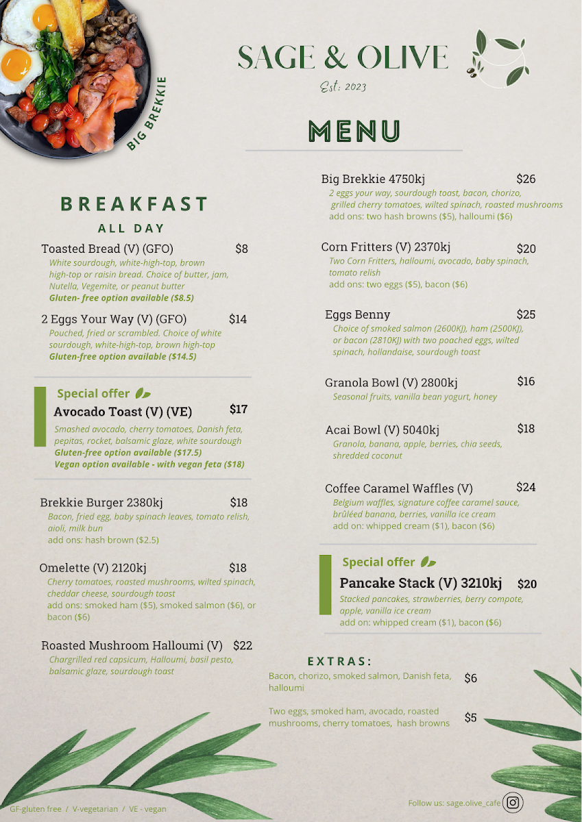 Menu, Sage & Olive Cafe