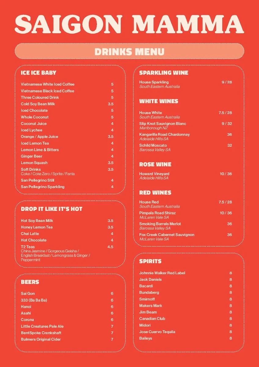 Menu, Saigon Mamma
