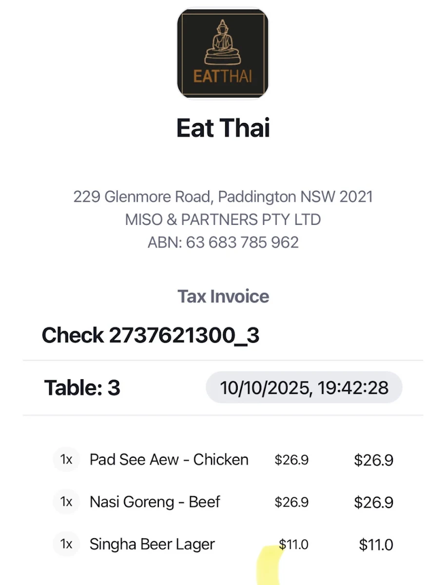 Menu, Eat Thai Restaurant Sydney