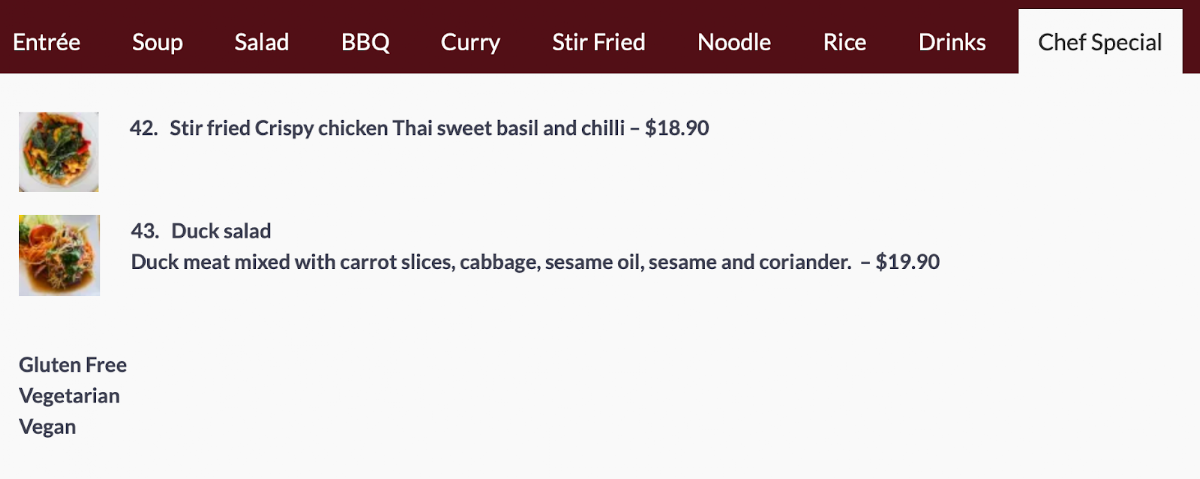 Menu, Thai Restaurant and Cafe