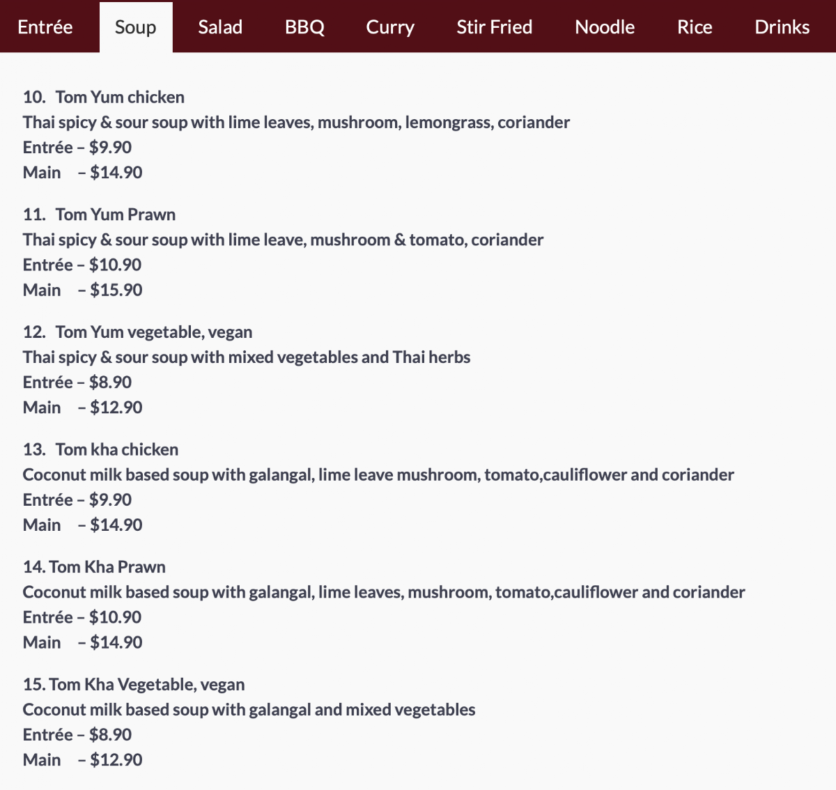 Menu, Thai Restaurant and Cafe