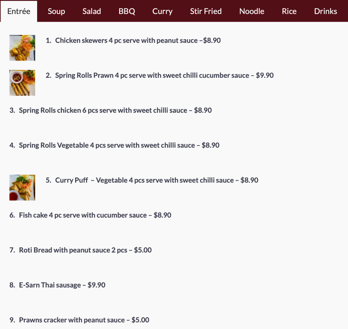 Menu, Thai Restaurant and Cafe