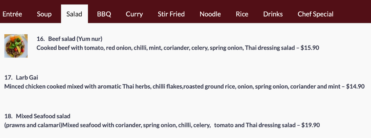 Menu, Thai Restaurant and Cafe