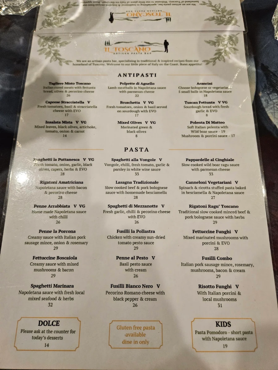 Menu, Il Toscano Pasta bar Long Jetty