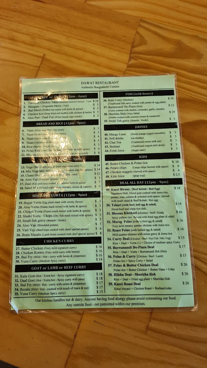 Menu, DAWAT Restaurant - Authentic Bangladeshi Cuisine