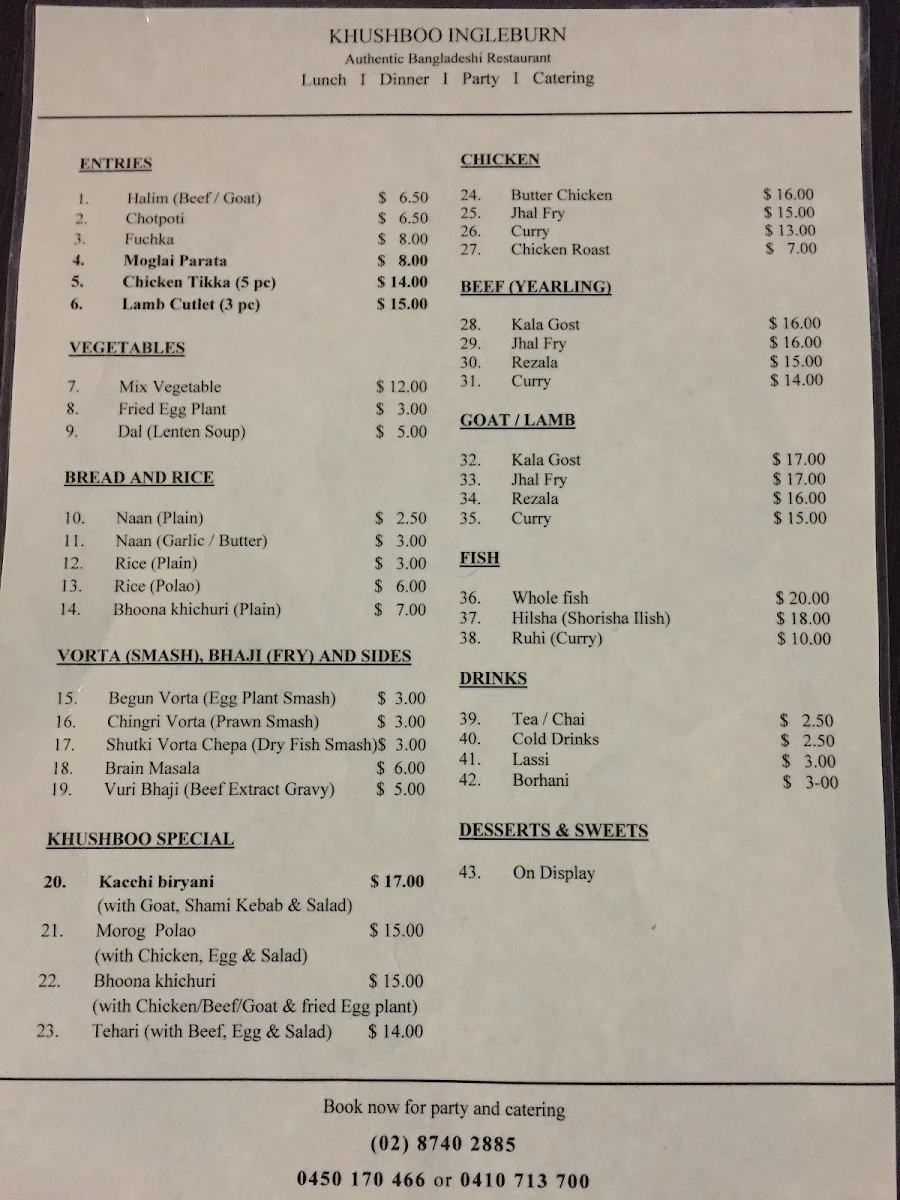 Menu, DAWAT Restaurant - Authentic Bangladeshi Cuisine