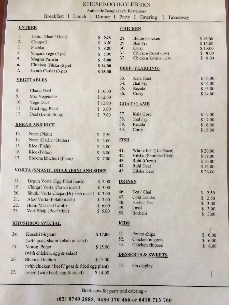 Menu, DAWAT Restaurant - Authentic Bangladeshi Cuisine