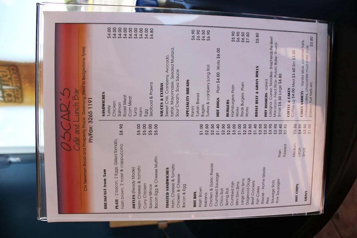 Menu, Oscars Cafe & Lunch Bar