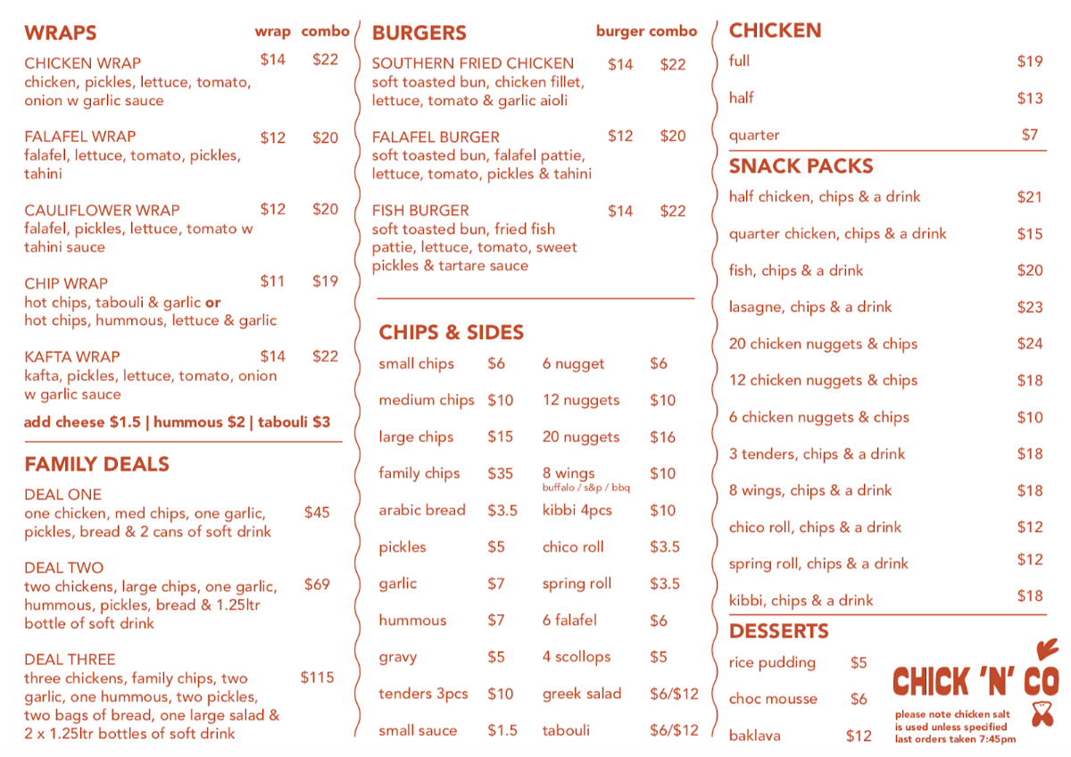 Menu, Chick 'n' Co