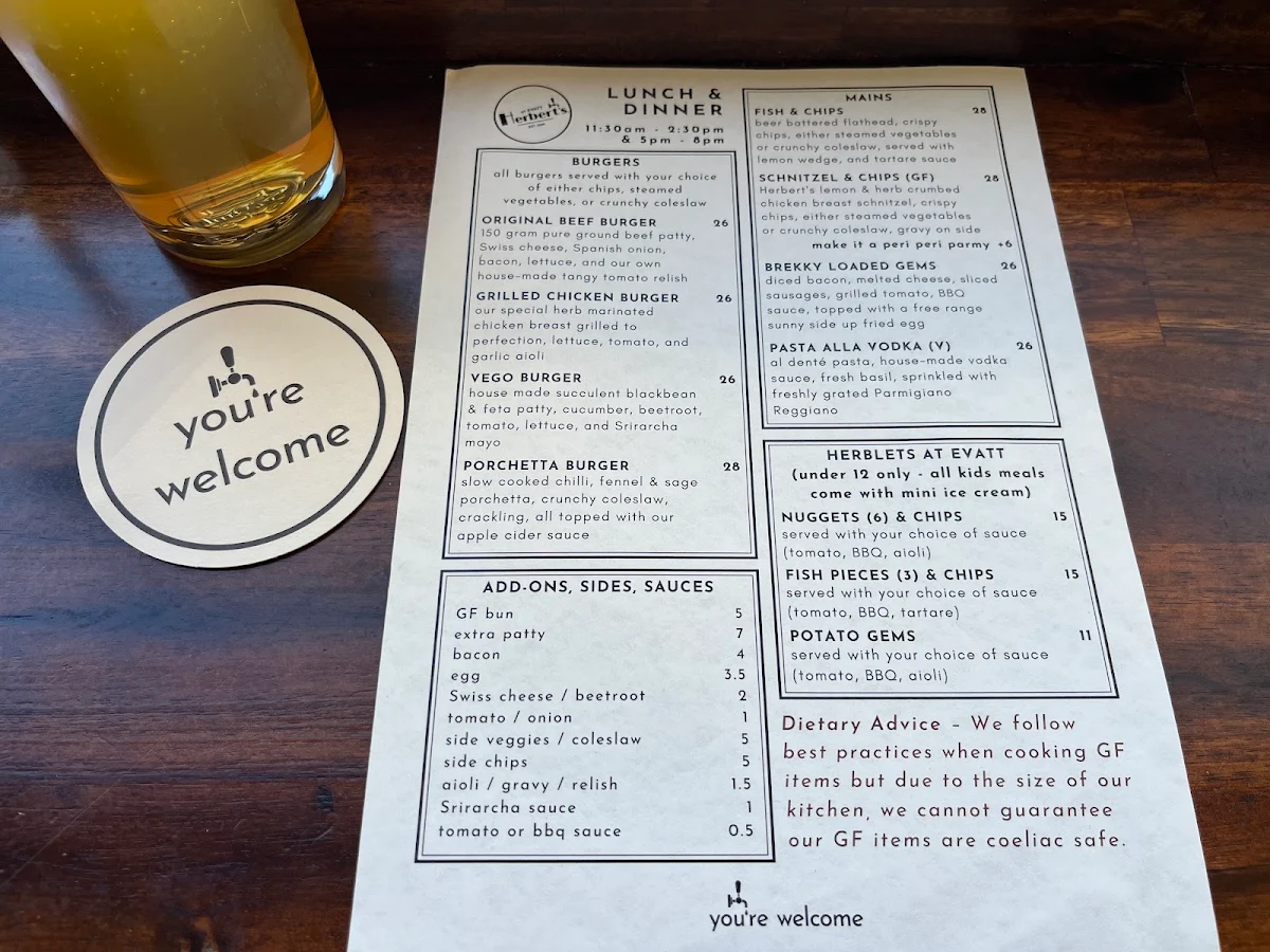 Menu, Herbert's at Evatt