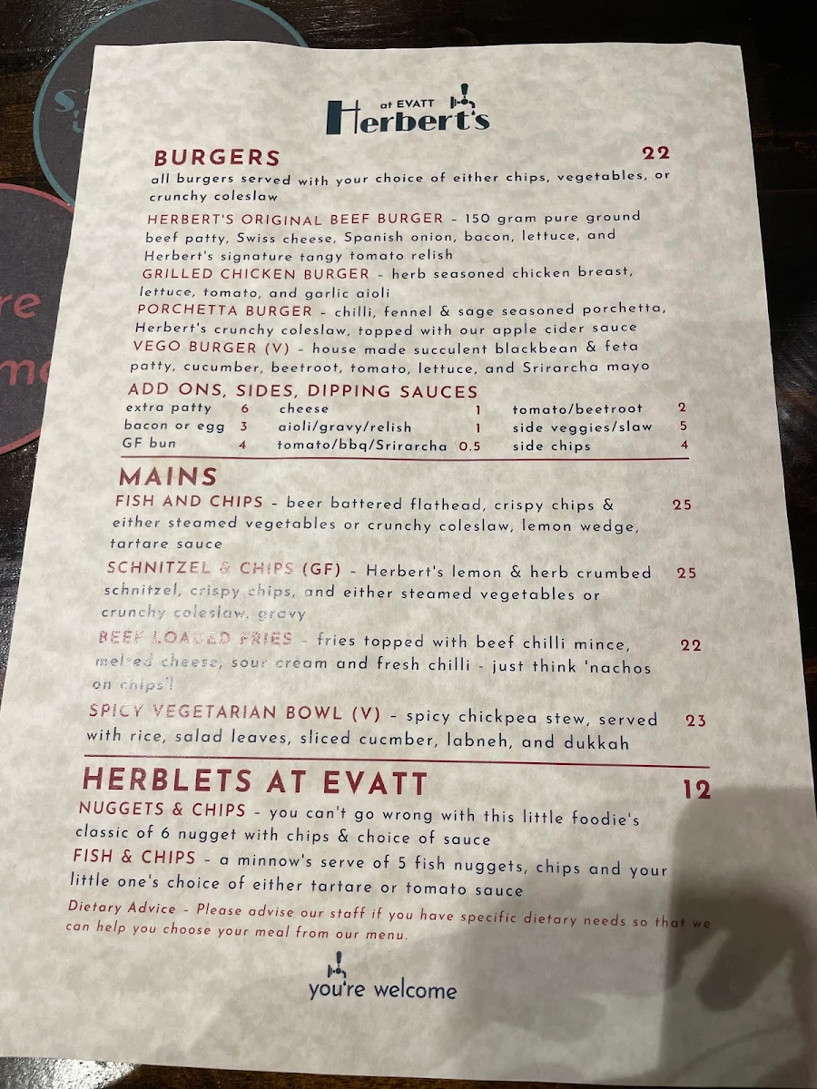 Menu, Herbert's at Evatt