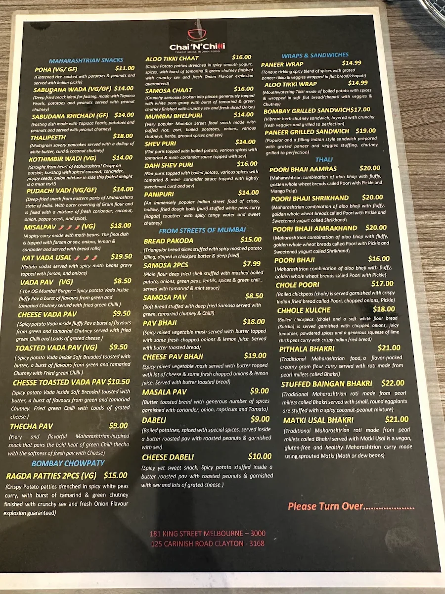 Menu, Chai ‘N’ Chilli Clayton