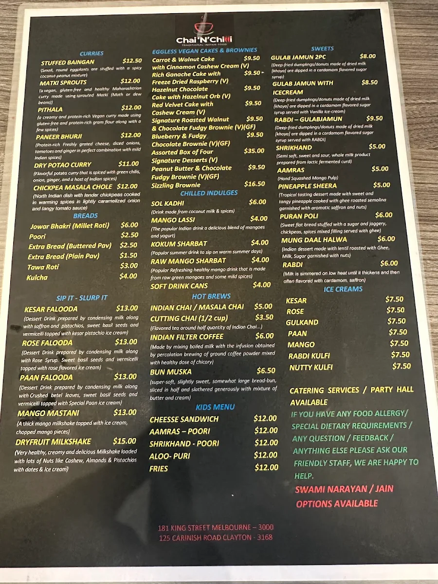 Menu, Chai ‘N’ Chilli Clayton