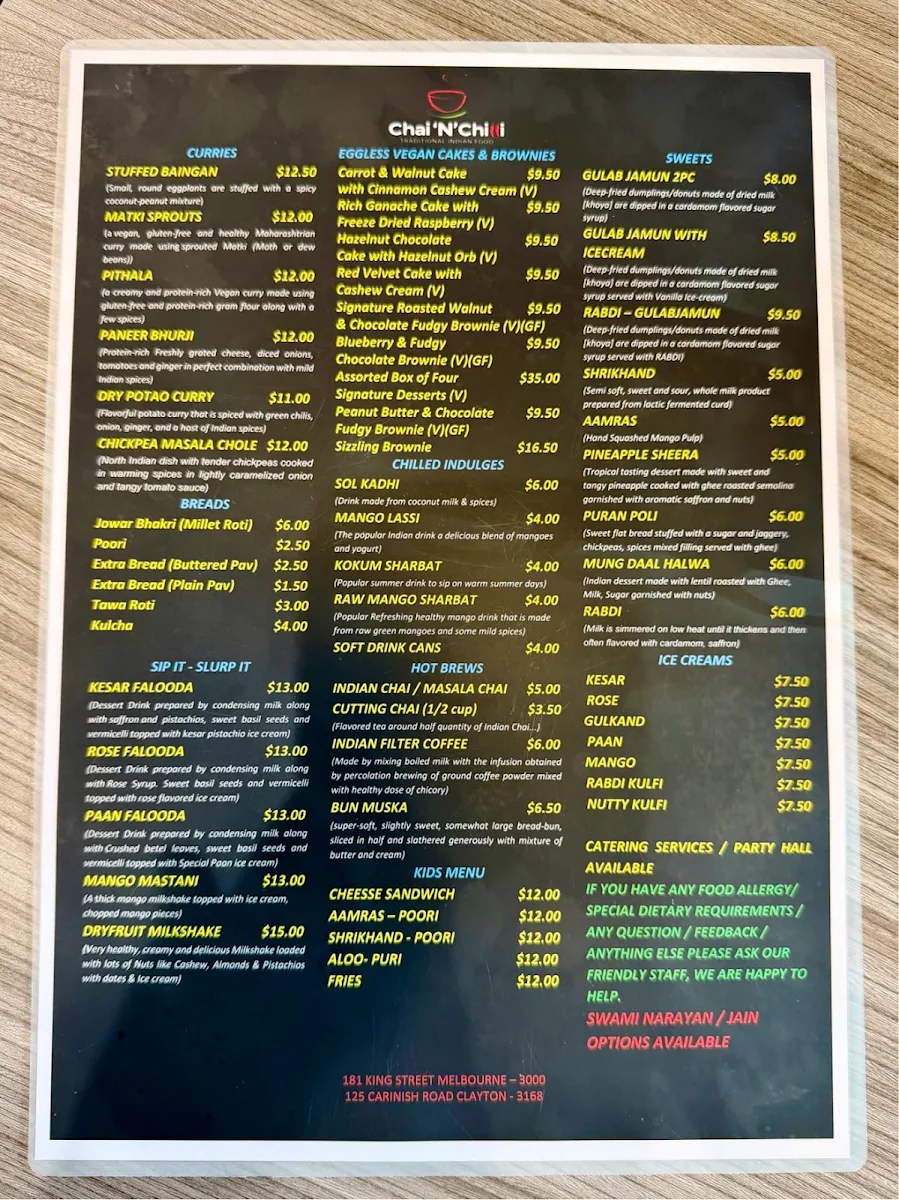 Menu, Chai ‘N’ Chilli Clayton