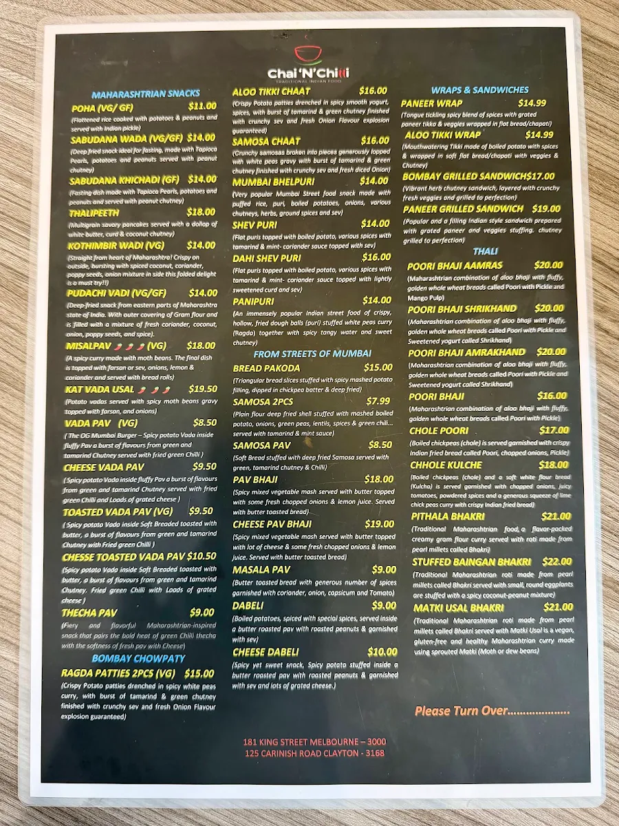 Menu, Chai ‘N’ Chilli Clayton