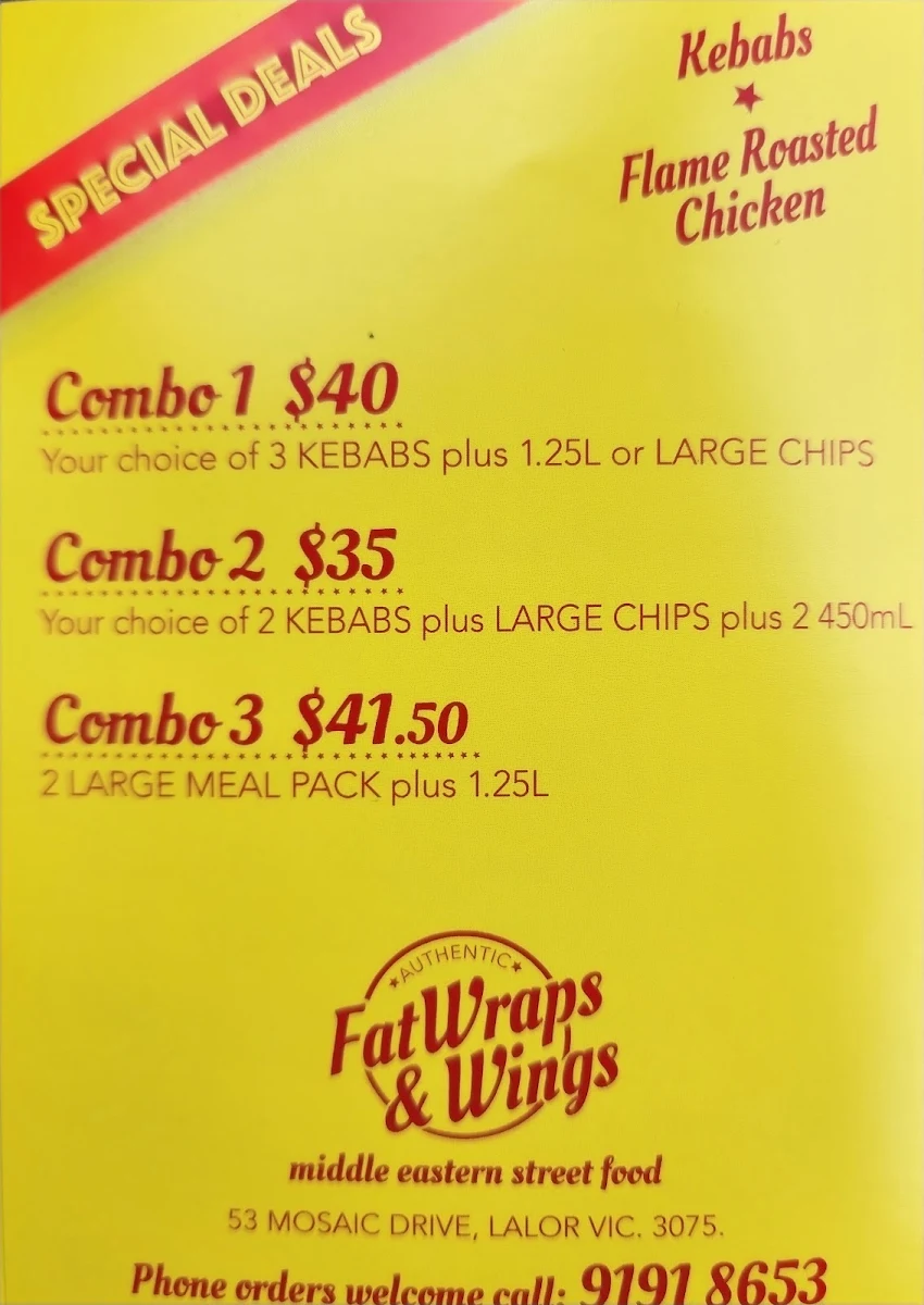 Menu, Fat Wraps and Wings
