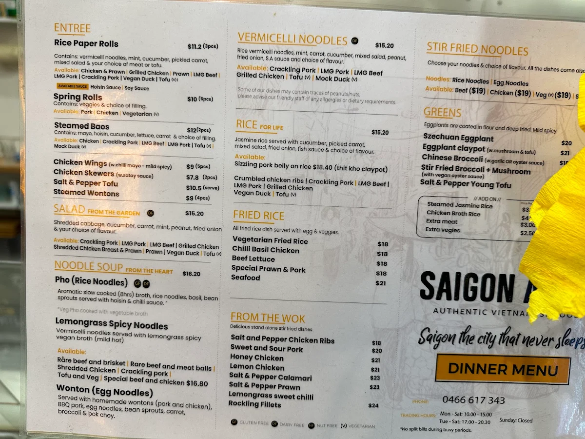 Menu, Saigon Alley Yarraville