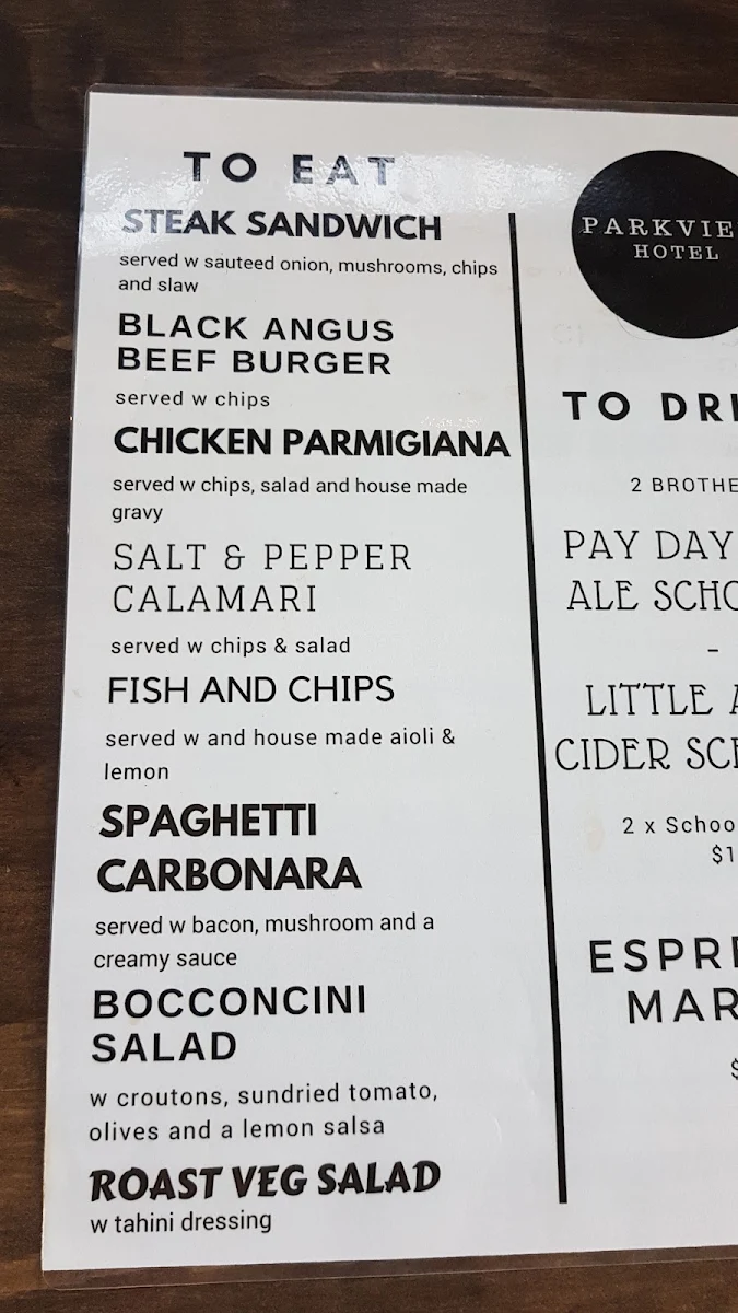 Menu, Parkview Hotel