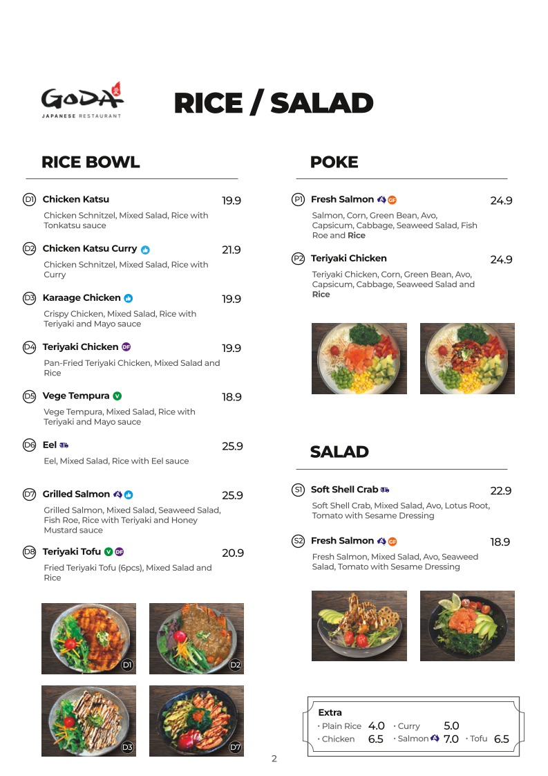 Menu, Goda Donburi Japanese restaurant
