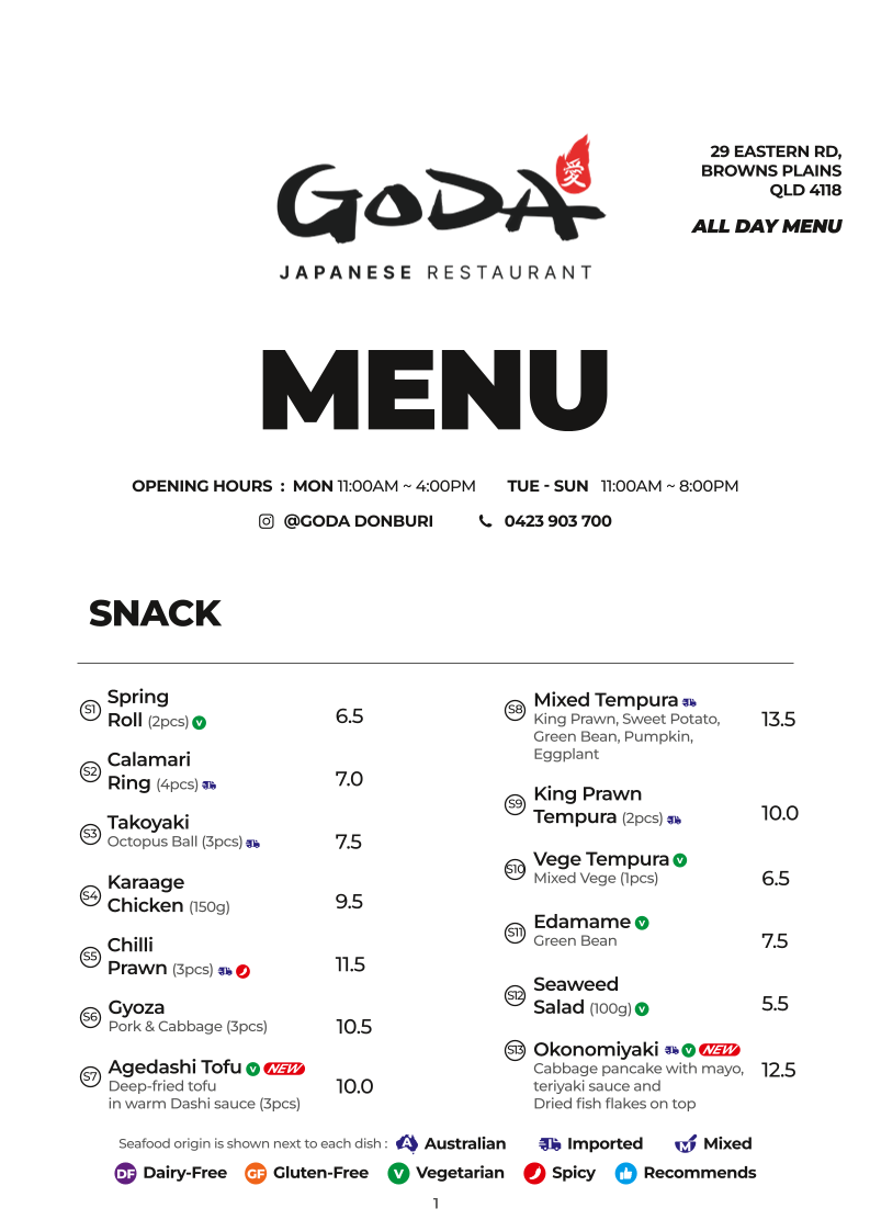Menu, Goda Donburi Japanese restaurant