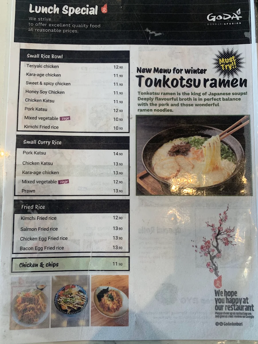 Menu, Goda Donburi Japanese restaurant
