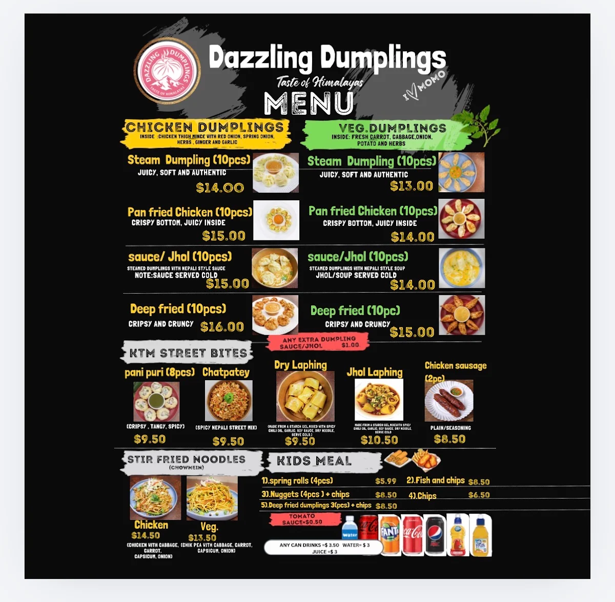 Menu, Dazzling Dumplings ( Food truck)