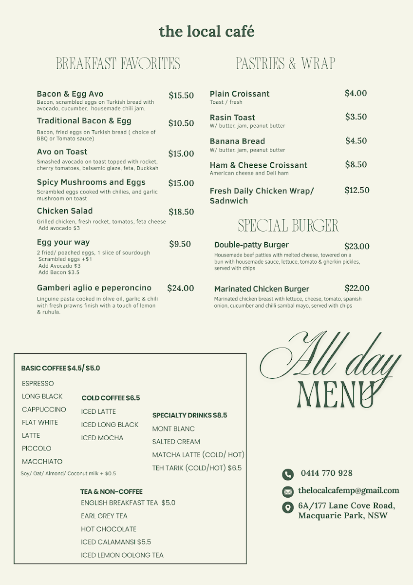 Menu, The Local Cafe Macquarie Park