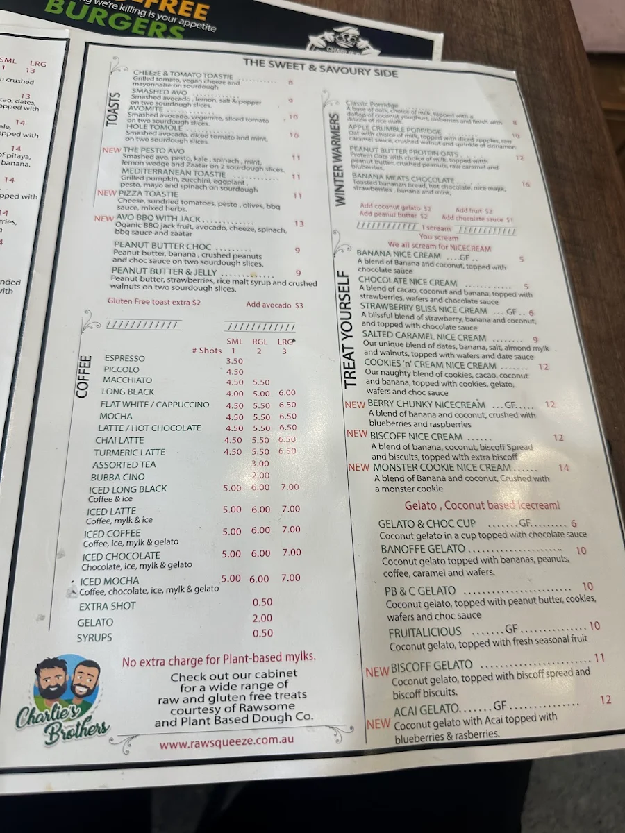 Menu, Charlies Raw Squeeze Greenslopes