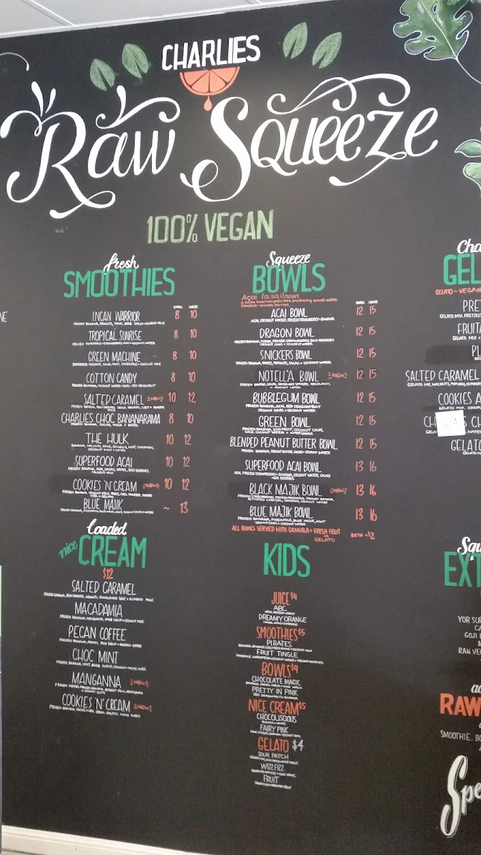 Menu, Charlies Raw Squeeze Greenslopes
