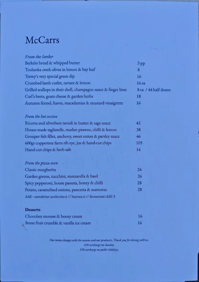 Menu, McCarrs Restaurant & General Store