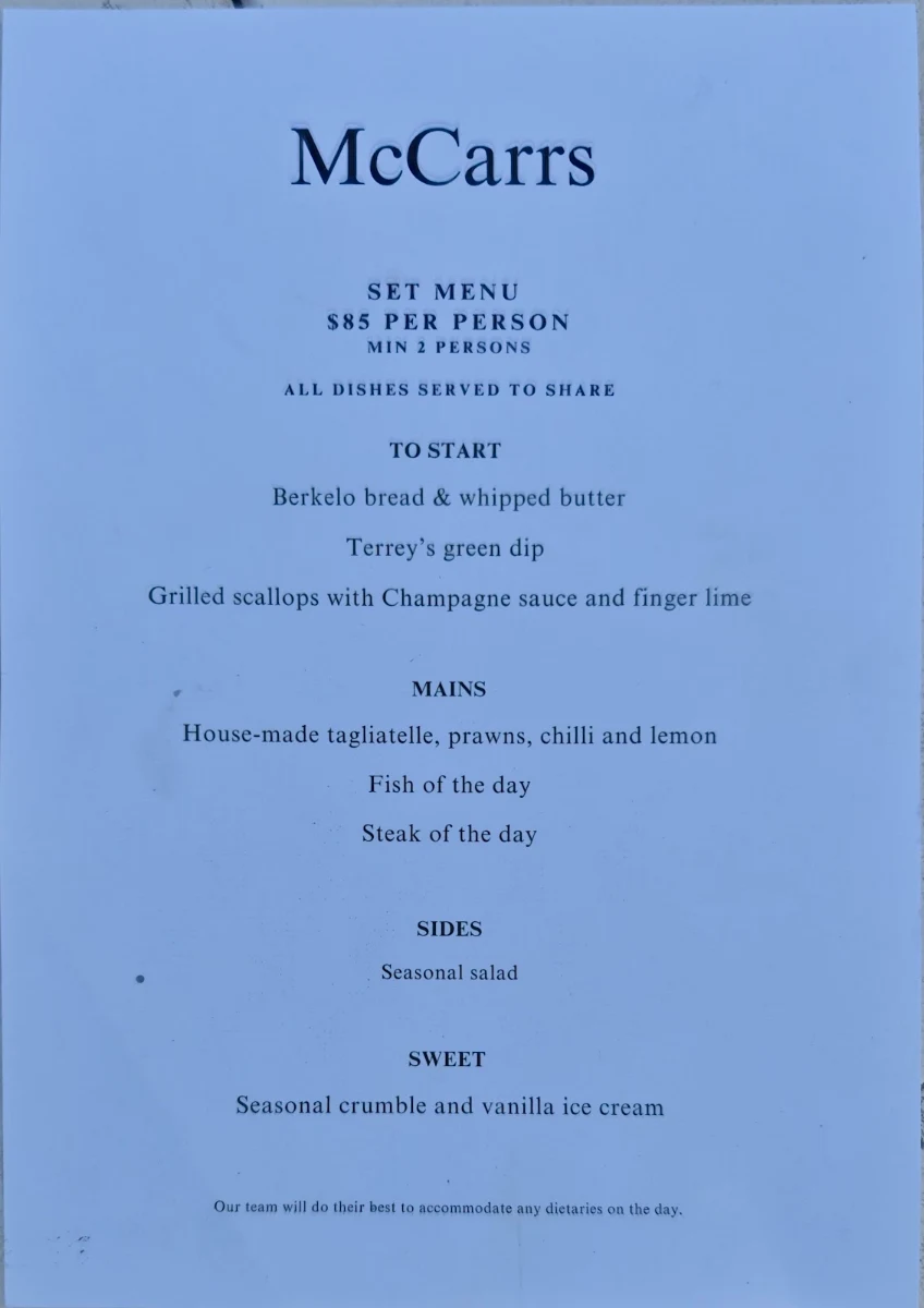 Menu, McCarrs Restaurant & General Store