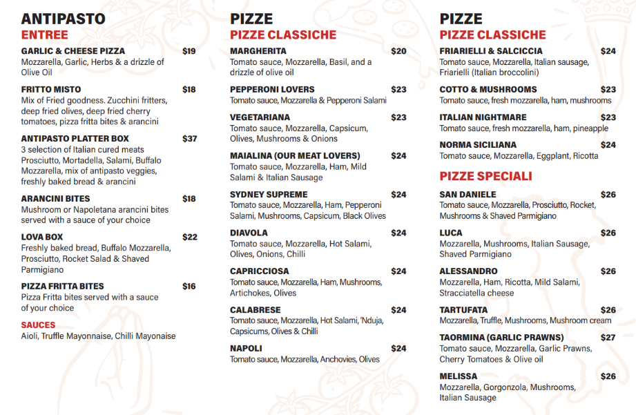 Menu, Sandro Pizzeria