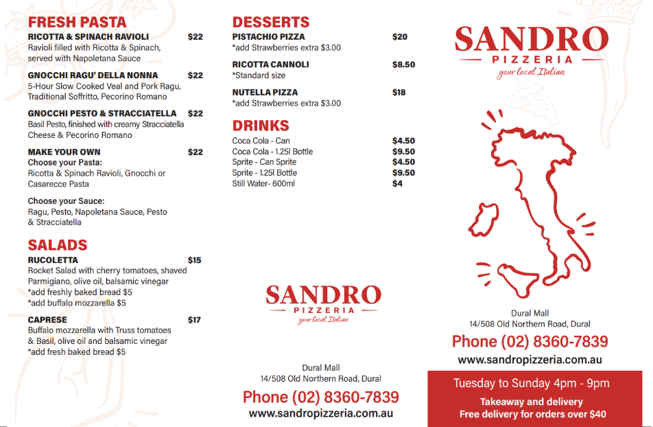 Menu, Sandro Pizzeria